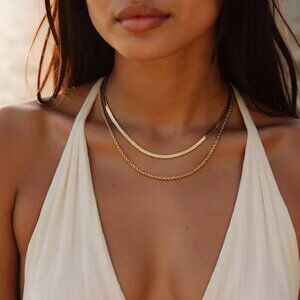 Gold Layered Double Chain Gold Necklace Herringbone & Rope Chain Waterproof